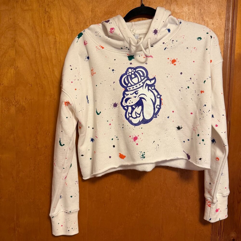 Champion Cropped Hoodie‎ Women’s Size XSmall Logo- JAMES MADISON DUKES/White